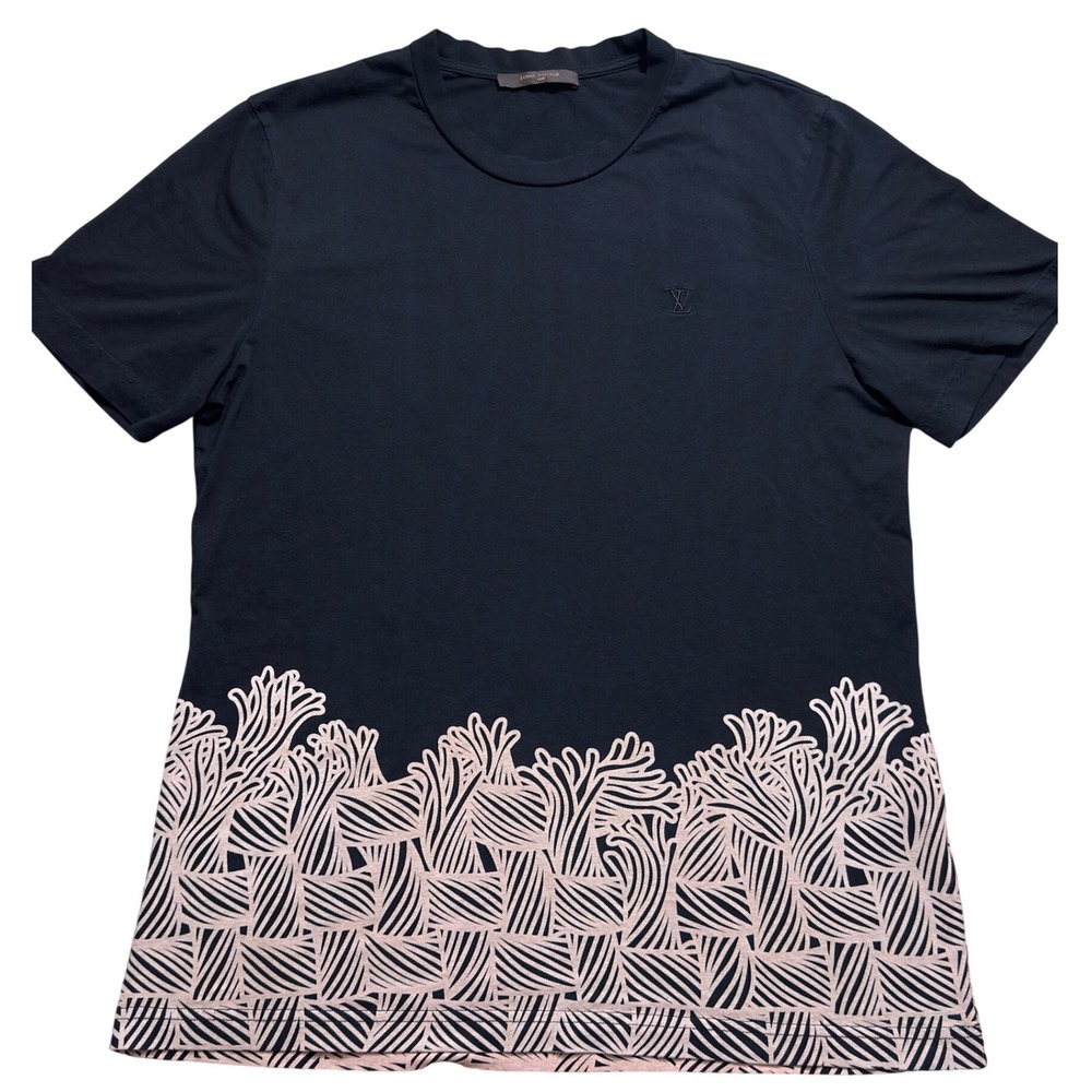 Louis Vuitton Mens Navy Blue Coral Print T-Shirt Embroidered LV Logo Large